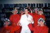 Staff Members in the Performance — (l to r) Di Harris, Alison Hastie, Jane Chatburn, Nicola George, Stephanie Schofield and Liz Jones. In the middle Gavin Bradshaw (PE teacher)